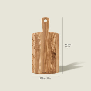 The Cole & Mason Portobello Olive Wood Serving Board, rectangular with a handle and measuring 420mm x 208mm, is displayed upright on a light background.