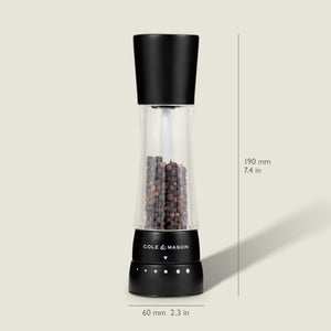 #salt&pepperset The Cole & Mason Derwent Matt Black Salt & Pepper Mill features an acrylic body, adjustable grind settings, is pre-filled with peppercorns, and measures 190 mm tall by 60 mm wide, shown upright on a light background.