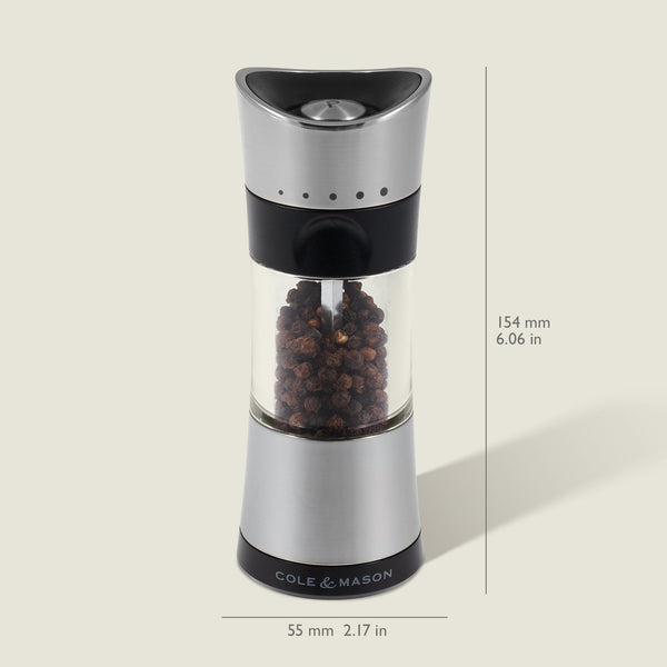 #pepper
The Cole & Mason Horsham Salt & Pepper Mill features stainless steel and glass, comes pre-filled with peppercorns, measures 154 mm tall and 55 mm wide, and offers adjustable high-performance grinding settings.