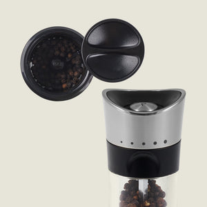 #salt&pepperset
A close-up of the Cole & Mason Horsham Salt & Pepper Mill, showcasing its stainless steel and black design, high-performance grinding, adjustable settings, visible whole black peppercorns inside, and a removable lid above.