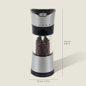 #salt&pepperset
The Cole & Mason Horsham Salt & Pepper Mills feature stainless steel and glass construction, adjustable grinding settings, and come filled with black peppercorns. Size: 154 mm tall by 55 mm wide—a premium addition to your kitchen.