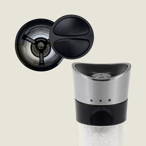 #salt&pepperset
The Cole & Mason Horsham Salt & Pepper Mills feature a clear body, stainless steel top, and adjustable grinding settings, as shown in close-up top and bottom views. These quality mills are pictured here filled with salt.