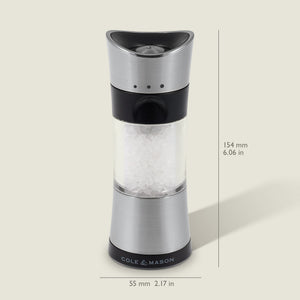 #salt&pepperset
The Cole & Mason Horsham Salt & Pepper Mill, made of stainless steel and clear acrylic, comes filled with coarse salt. It features an efficient adjustable grinder and measures 154 mm tall by 55 mm wide.
