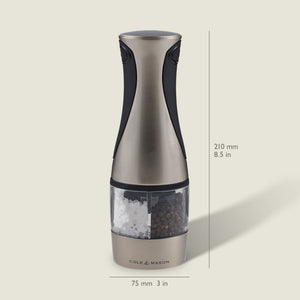 A metallic Cole & Mason Kew Electronic 2-in-1 Duo Mill salt and pepper grinder, featuring a transparent chamber, adjustable grind settings, and measuring 210 mm tall by 75 mm wide, displayed against a light background.