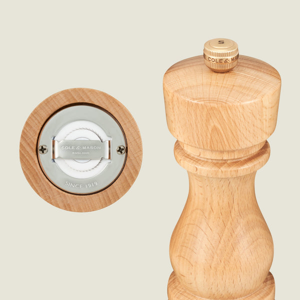 #salt
Base and grinding detail of Cole & Mason London salt mill in beech