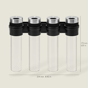 The Cole & Mason Shadwell Slim-Mount Spice Storage features four clear airtight glass containers with silver lids in a black rack, measuring 173 mm high and 214 mm wide.
